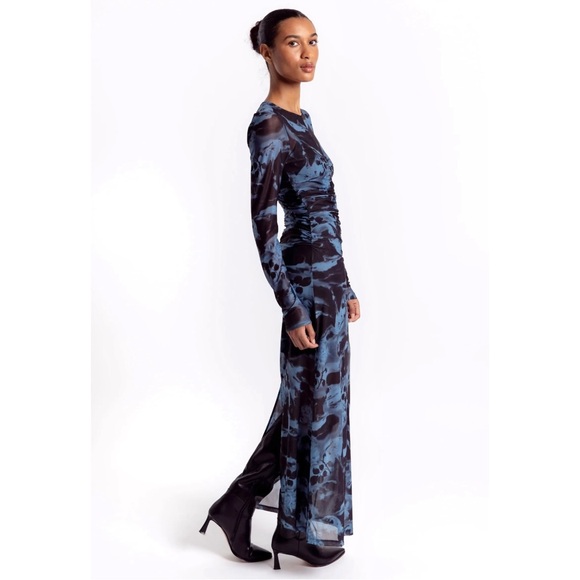 GANNI Printed Ruched Mesh Blue & Black Lined Fitted Long Sleeve Maxi Dress sz 36 - Picture 12 of 13